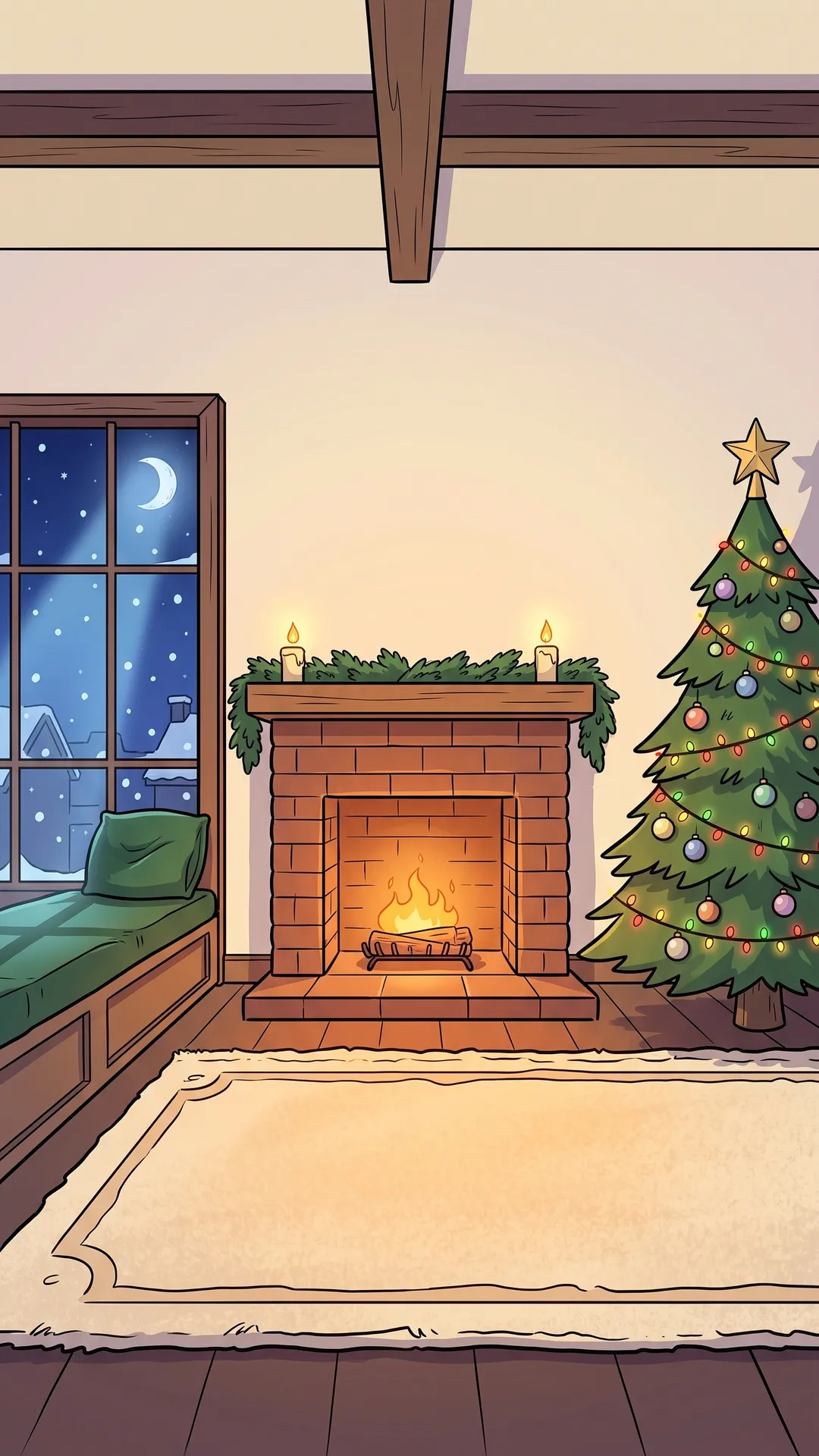 Saves Christmas: a cosy living room at night with a fire and a Christmas tree